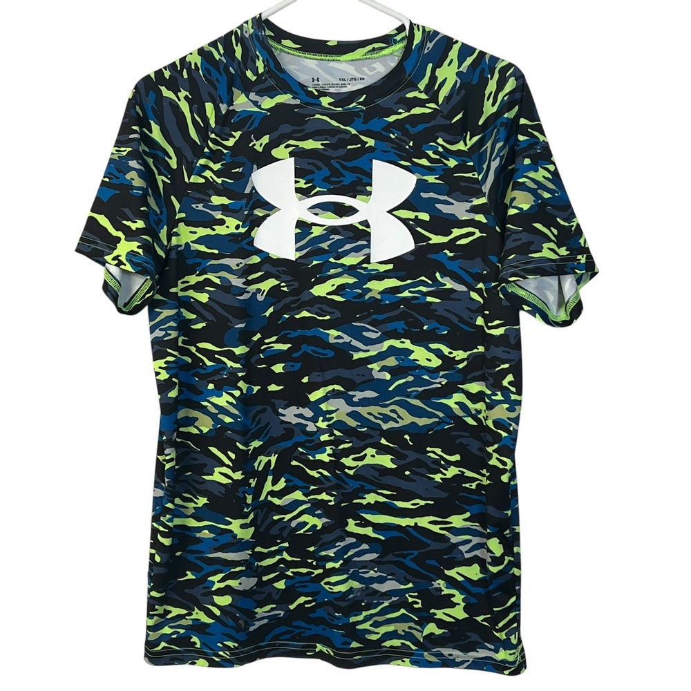 Under Armour Boys YXL Blue Lime Green Camo Loose Fit Short Sleeve Active Shirt
